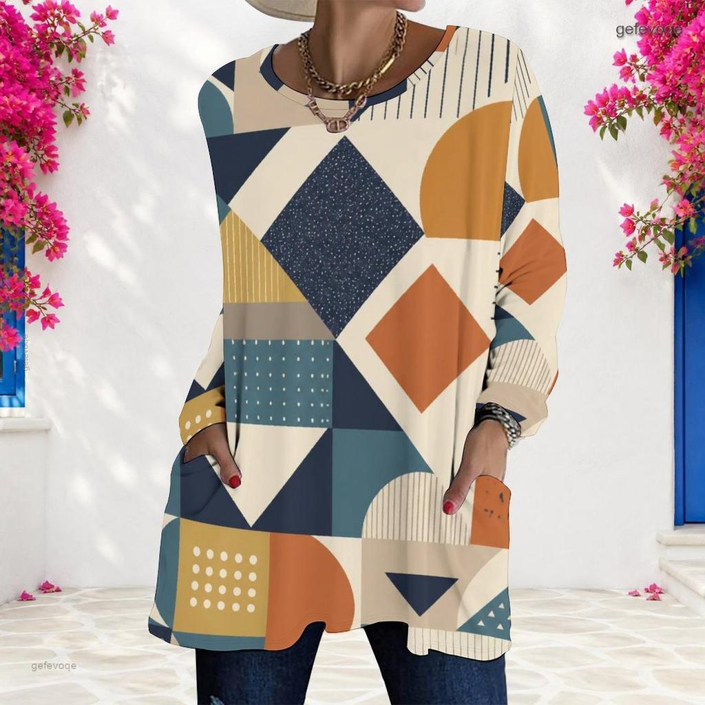 Women Plus Size Blue Pink Geometric Printed Round Neck Long Sleeve Loose Longline T Shirt With Pockets