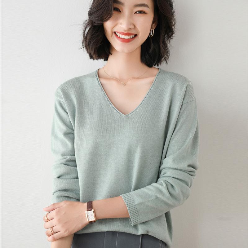 Fashion Korean Women Loose V-Neck Solid Pullover Sweater Autumn And Winter Long-Sleeved Knit Bottoming Shirt Large Size Sweaters