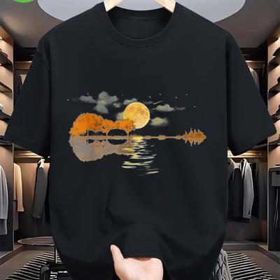 Men Casual T-Shirt with Guitar Lake Reflections Print Round Neck Short Sleeves Comfortable and Versatile Daily Wear Men Clothing