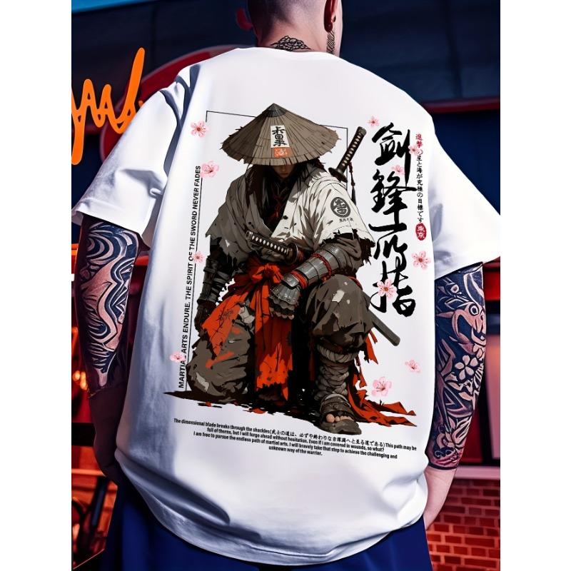 Summer Men's Japanese-style Ink-wash Samurai Pattern Casual Sports Street Style Trendy Short-sleeved T-shirt Soft Breathable