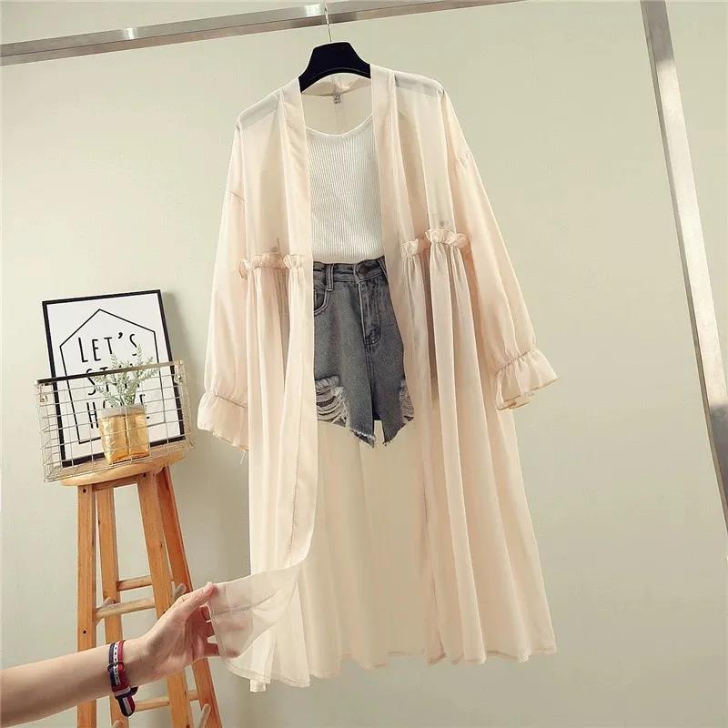 Chiffon Cardigan Women's Sun Protection Clothing Sun-Dress Mid-length Plus Size Shawl Loose Outer Thin Coat Beach