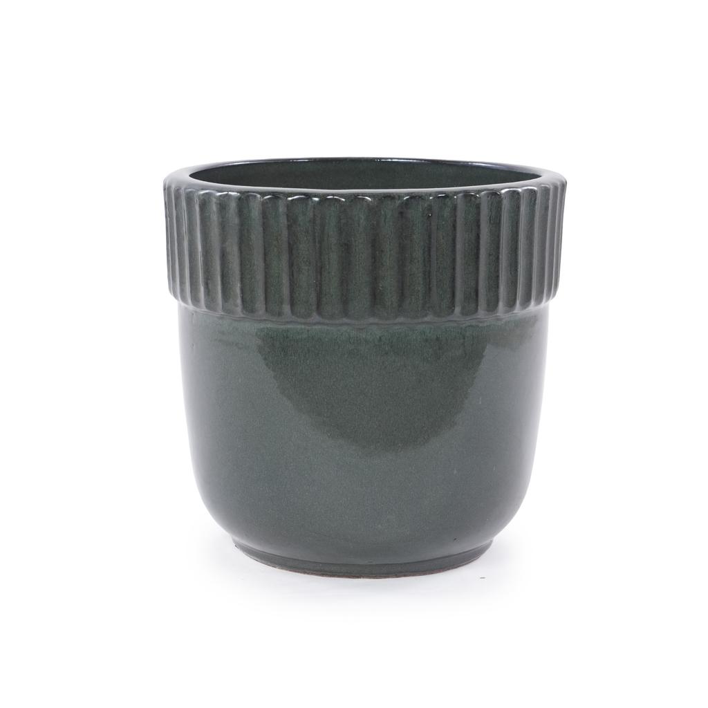 Handmade Ceramic Plant Pot Set 3-Piece (diameter 38/30.5/23 cm), Glossy Dark Green with Vertical Groove Trim, Frost-Resistant, with Drainage Holes