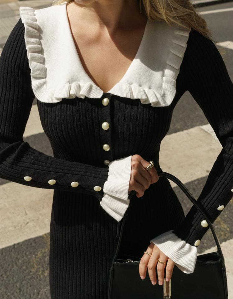 High Waist Ruffled Maxi Dresses For Women Autumn Winter Knitted Slim Long Dress Women's Vintage Dress Woman Retro Elegant