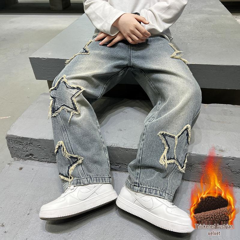 Autumn 2025 Boys' Star Denim Wide Leg Jeans - Big Kids' Loose Fashion Trousers
