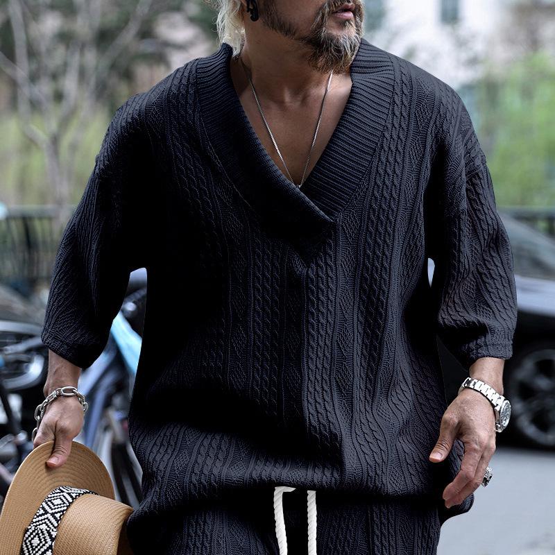 2025 Men's Summer Loose V-neck Knit T-shirt - Casual Short Sleeve, Plain Color Sports Tee
