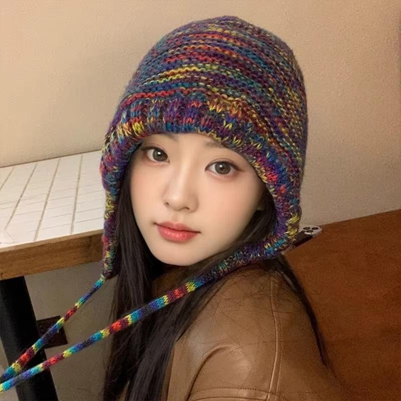 New Rainbow Striped Knitting Wool Beanie Hat Women Girl Winter Warm Crochet Ear Protection Cap Korean Ski Snow Windproof Bonnet
