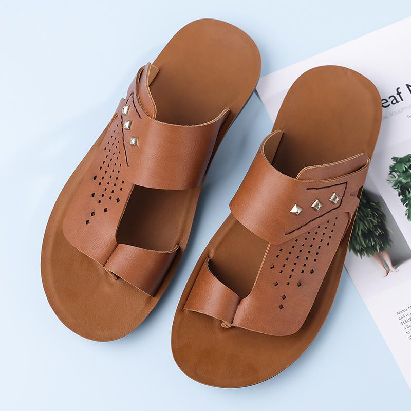 Herren Braune Flache Hausschuhe Sommer Weiß Breite Zehenpartie Römische Sandalen Retro Schwarze Leder Strandschuhe Große Größen