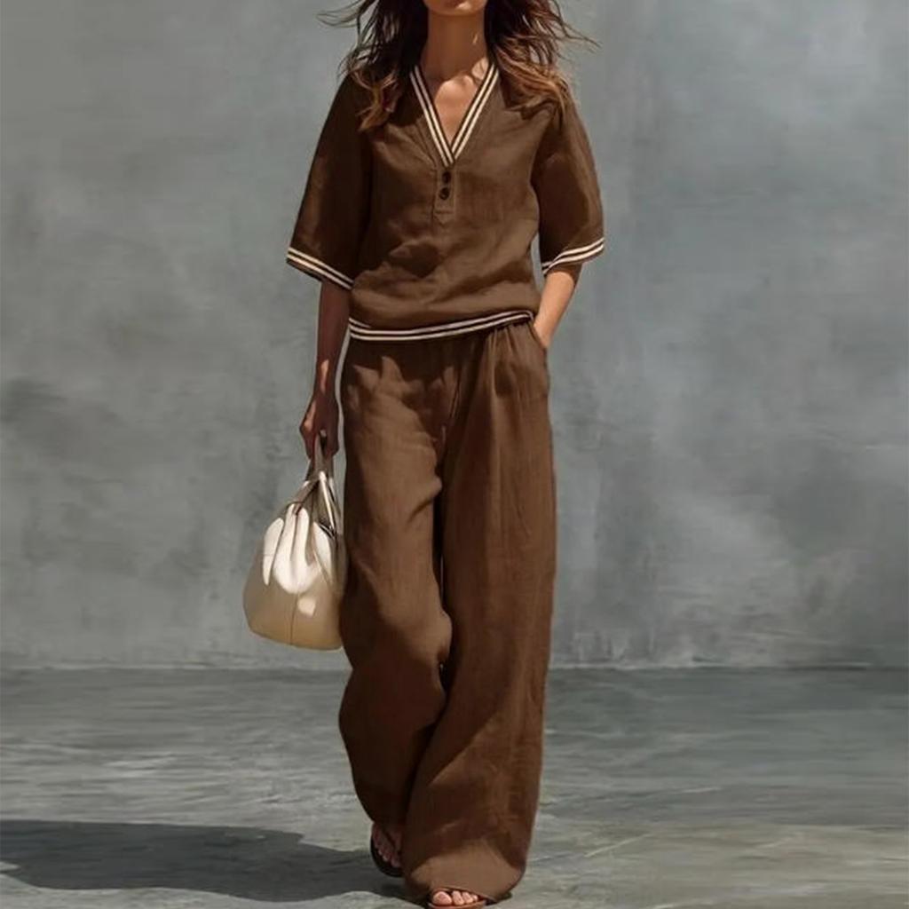 Damen Freizeit Zweiteiler V-Ausschnitt Kurzarm Top und Weite Hosen Lounge Outfit Leichter Bequemer Stoff Stilvolles Design