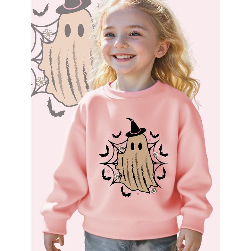 Kids Crewneck Sweatshirt, Cute Witch Hat Spooky Graphic Print, Soft Loose Fit Long Sleeve Pullover