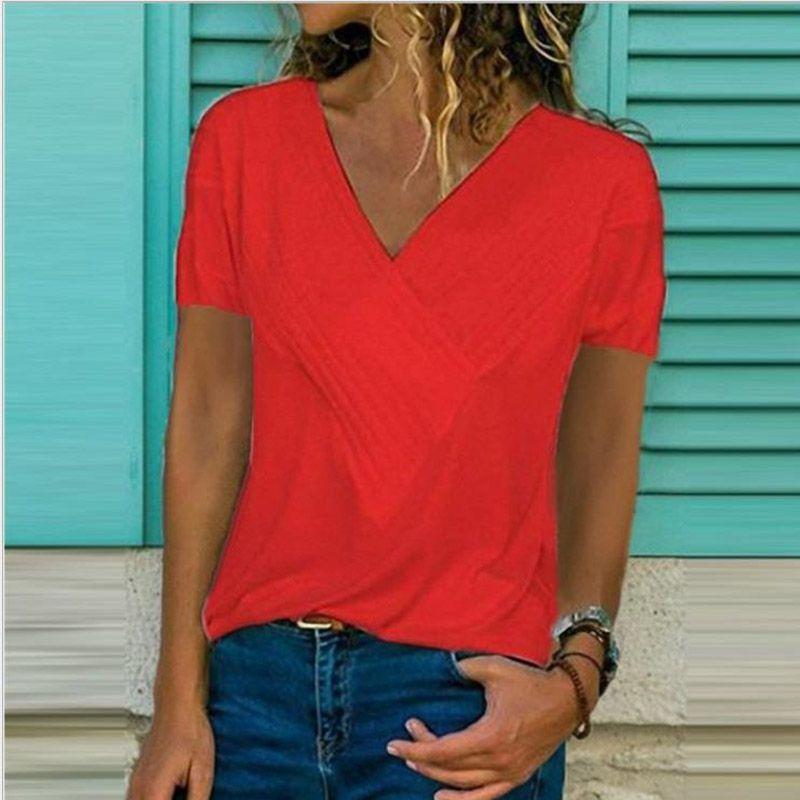 Women's V-neck Tunic Short Sleeve Loose Top T-shirt Plus Stylish Blouse Option
