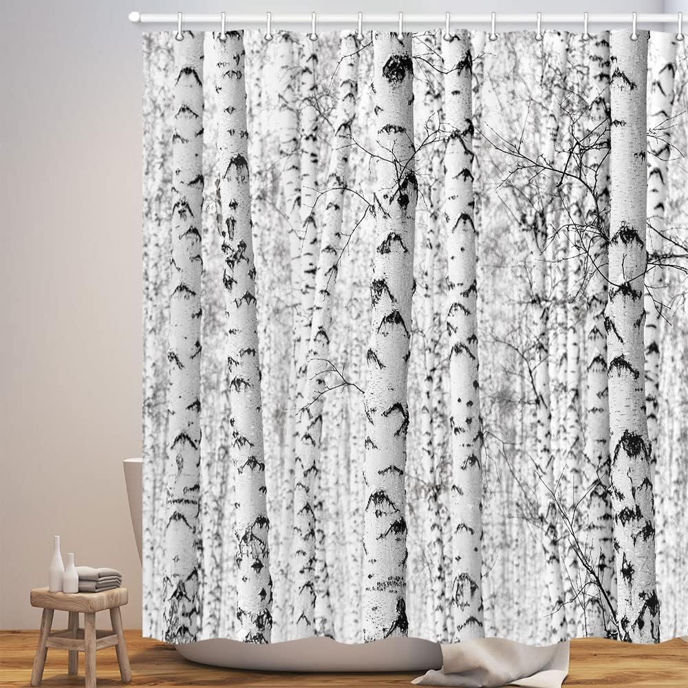 Wathon Birch Trees Shower Curtain Gray Tree Bathroom Decor Winter Birch Forest Bath Curtain Neutral Black and White Bath Set Rustic Winter Forest