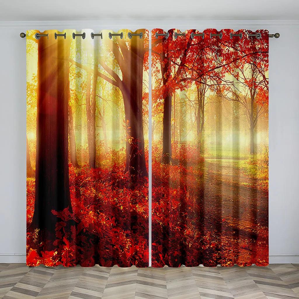 3D Curtain Tree Scenery for Bedroom, Autumn Forest Sunset Print, Light Curtain, Essential Polyester, 2 Panels