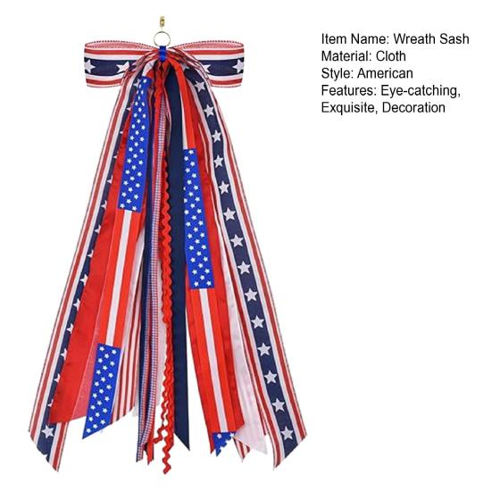 Patriotic Wreath Sash for Front Door Red White Blue Star Wreath Sash Ribbon Accessories for 4th of July Memorial Day Yard Porch Decor