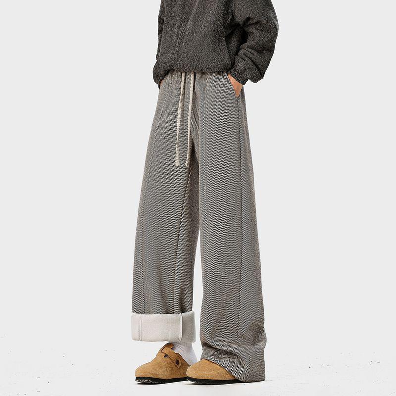 51 Hip-Hop Trendy Brand Fleece-Lined Thickened Pants for Men, Winter American Vintage Style Drapey Fleece-Lined Straight-Leg Casual Trousers
