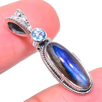 Natural Labradorite,Blue Topaz 925 Solid Sterling Silver Gift Pendant 1.26" I1o66