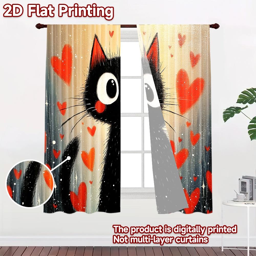 2D flat printing 2pcs Party Window Curtains Black Cat Hearts Digital Printed Polyester Drapes Festive Curtains Use for Home Wall
