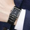 Men's Classic Square Black Dial Quartz Watches Stainless Steel Band Date Function Waterproof Business Casual Male Wrist Watch