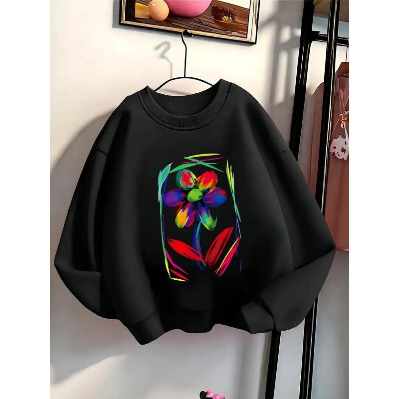 Kids Unisex Crewneck Sweatshirt, Vibrant Multicolor Abstract Brushstroke Flower Art Print Soft Fleece Pullover For Kids Over 4 Years Old 110