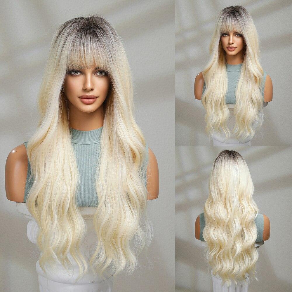 Synthetic Balayage Pink Brown Long Wavy Wig for Women with Bangs Party Cosplay Lolita Heat Resistant Fibre Hair Wigs