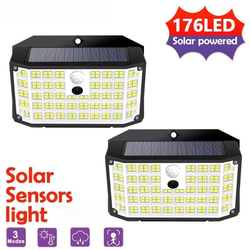 176 LED Solar Lights Outdoor Waterproof Motion Sensor Solar Powered Flood Lights Security Wall Lights 3 Modes Yard Deck Garden