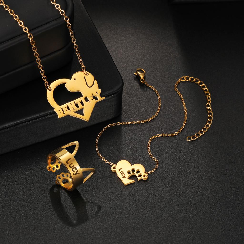 Atoztide Personalized Custom Dog Pet Jewelry Set Name Necklace Bracelet Ring Stainless Steel For Women Link Chain Birthday Gift