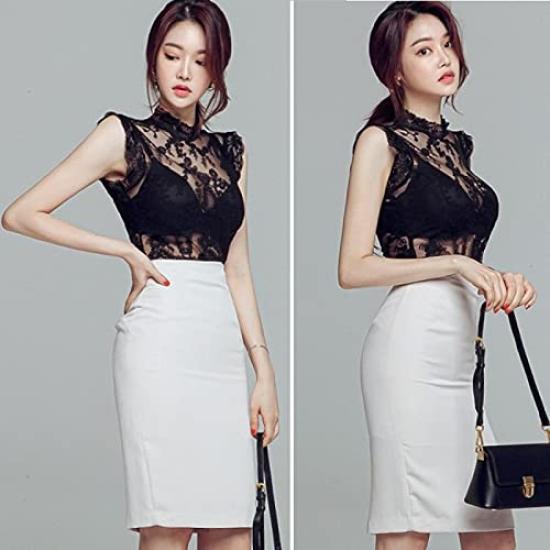 ISLAYCAOLILA Chinzi D82 perfect for or party This midi dress features a lace crew sleeveless and a cinched Women's Dress, (XL, Black), cabaret, mini,