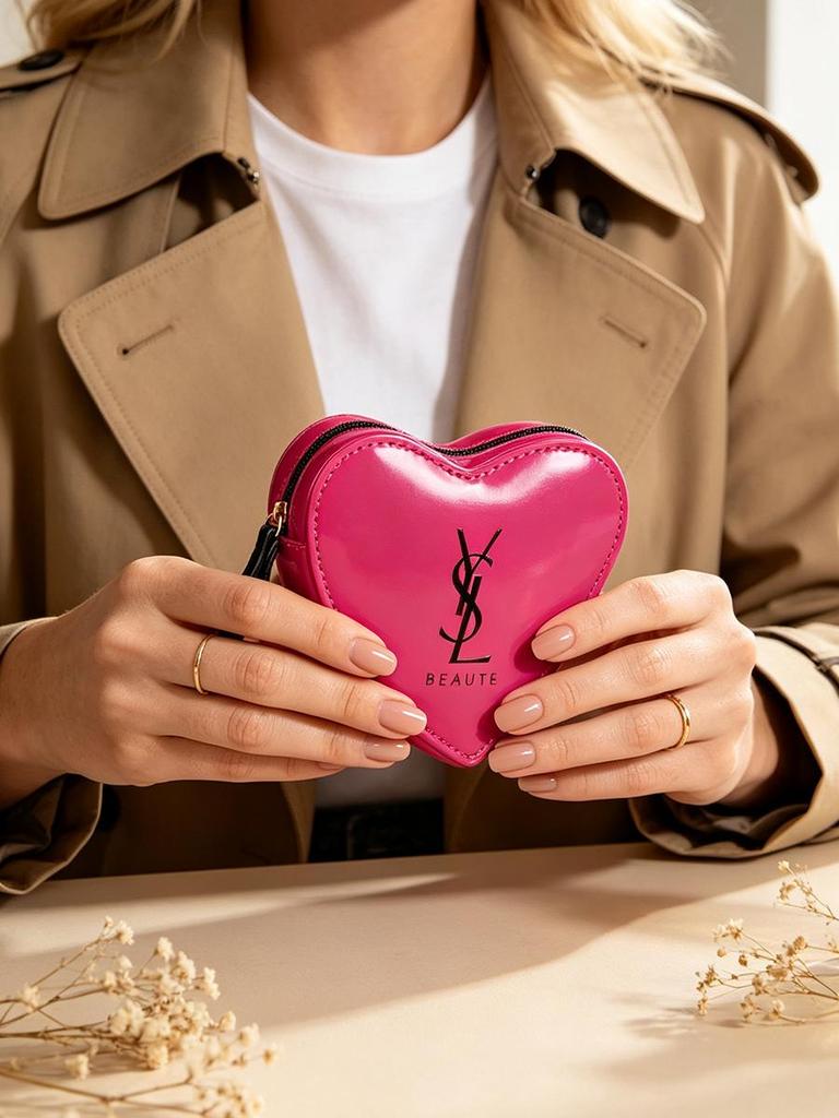 YSL Makeup Peripheral Heart‑Shaped Patent Mini Zipper Cosmetic Pouch with Wrist Strap, Portable Storage for Lipstick, Earphones, Keys
