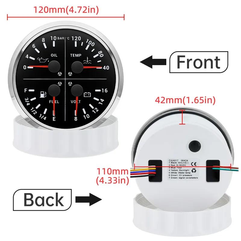 ZMFJH 110mm Gauge with Sensor Warning Red LED 4IN1 Multi-Meter Red LED Oil Pressure Gauge+Water Temp+Fuel Level Gauge+Volt 12V