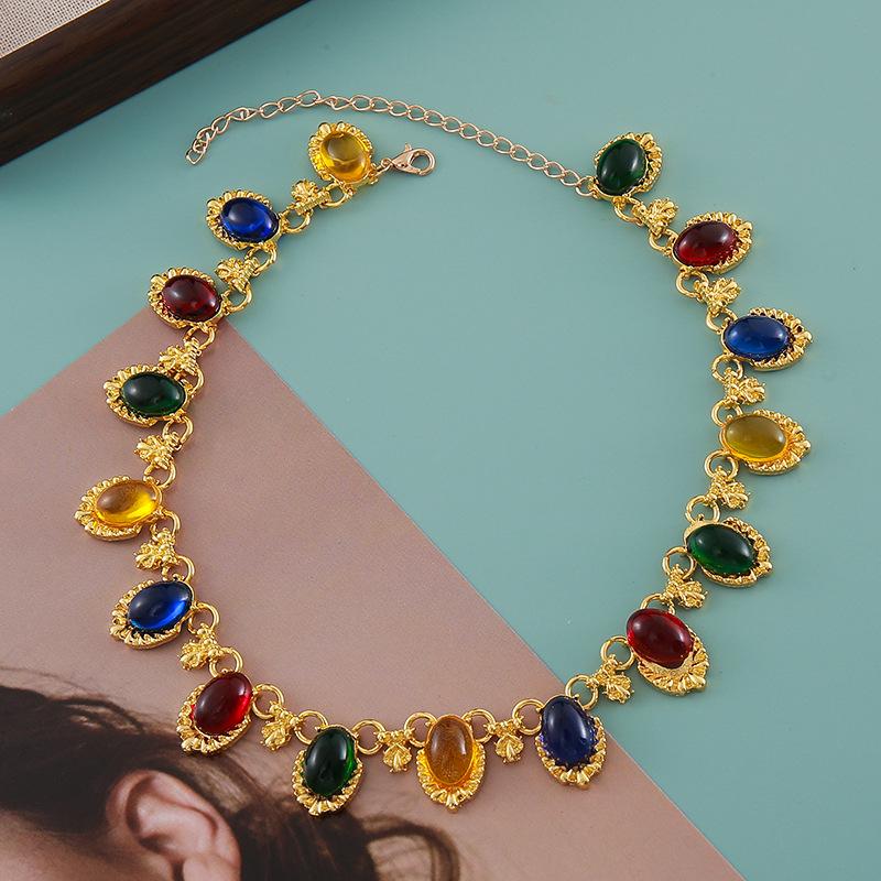 Colorful Retro European & American Oval Resin Necklace - Bohemian Hip-Hop Style Sweater Chain for Women