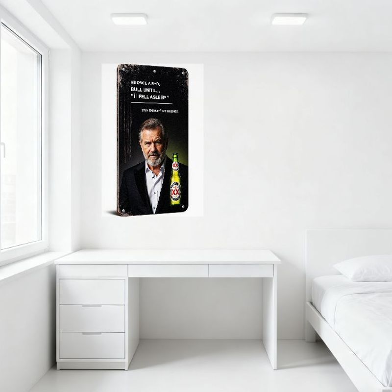 Vintage Rustic Metal Tin Sign with Gray Bearded Man & Modelo Beer Bottle, Weathered Aged Dark Background, ‘STAY THIRSTY MY FRIEN