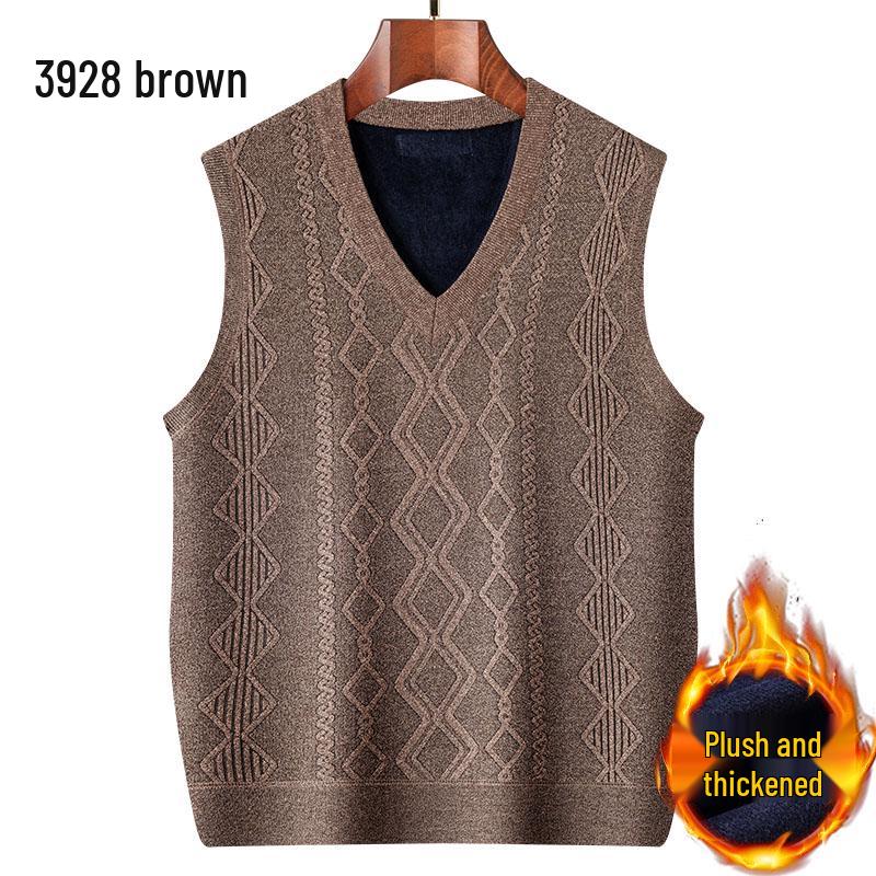 Dad's Fleece-Lined Sweater Vest: Warm Knitted Base Layer for Middle-aged and Elderly Men in Autumn and Winter.