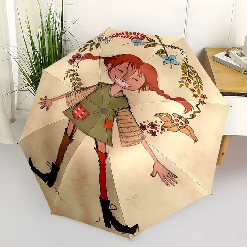

Pippi Longstocking, Illustration Automatic Opening and Closing Umbrella, Compact Travel Umbrella, Lightweight and Portable, Suitable for Bea