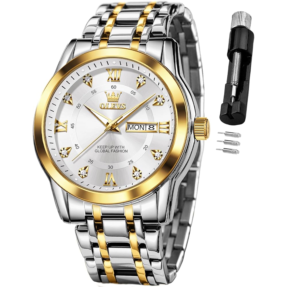 OLEVS Men s Silver Quartz Watch with Calendar, Waterproof, Stainless Steel, Gold & White