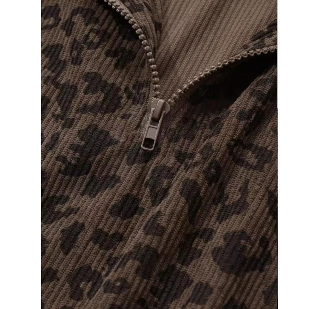 Kadın Günlük Fermuarlı Uzun Kollu Leopar Sweatshirt Bol Oversize Retro Kapüşonlu Yüksek Yaka Kadife Dış Giyim Kazak Sonbahar