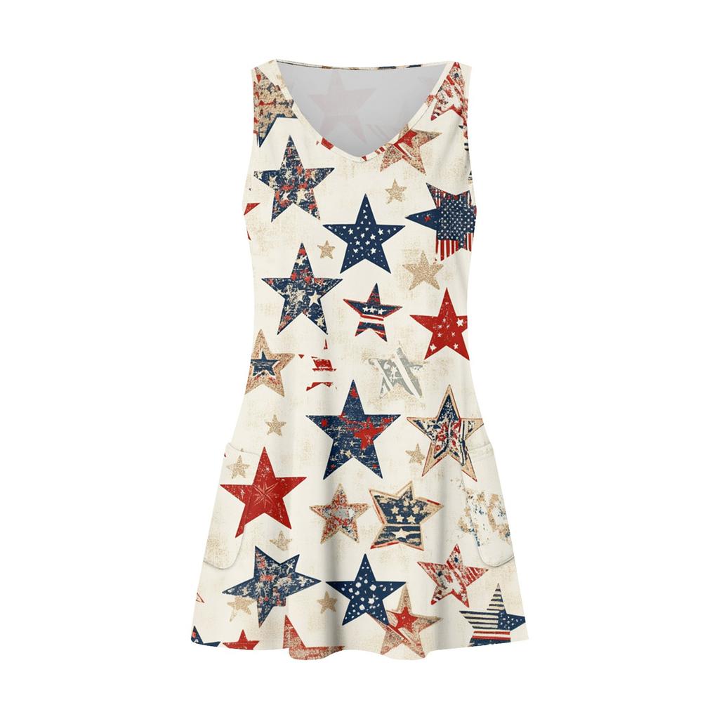 Damen Casual Mode V-Ausschnitt Ärmellos Bedruckt Seitentasche Kurzer Rock Kleid