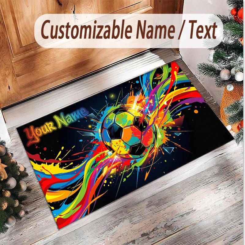 Fußball-Thema Weicher Kristall-Samt Teppich Benutzerdefinierter Name & Text Druck Rutschfester Boden Teppich für Schlafzimmer Wohnzimmer