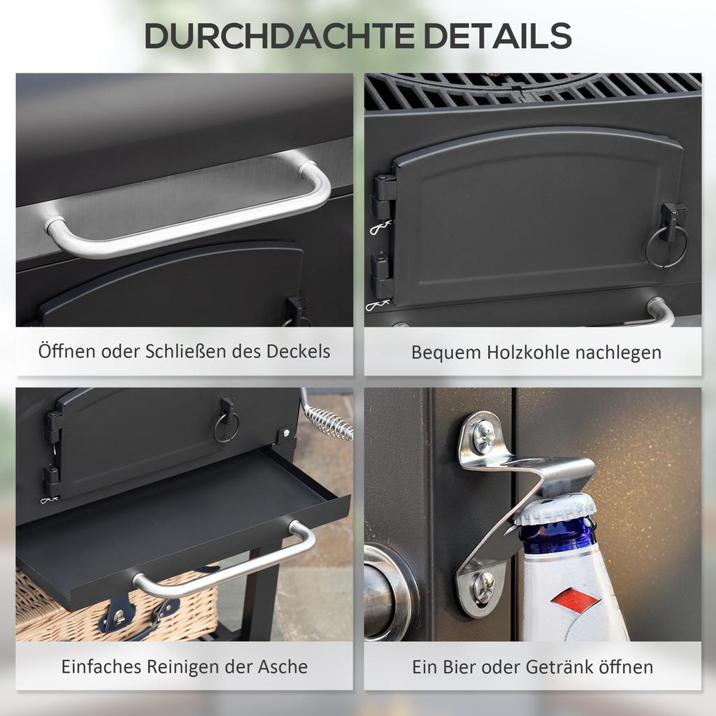 3-in-1 Charcoal BBQ, with Shelves - Black