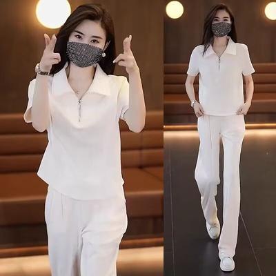 Fashionable Sportswear Suit Women's Summer Casual Fashionable Top Wide Leg Pants Two-piece Set