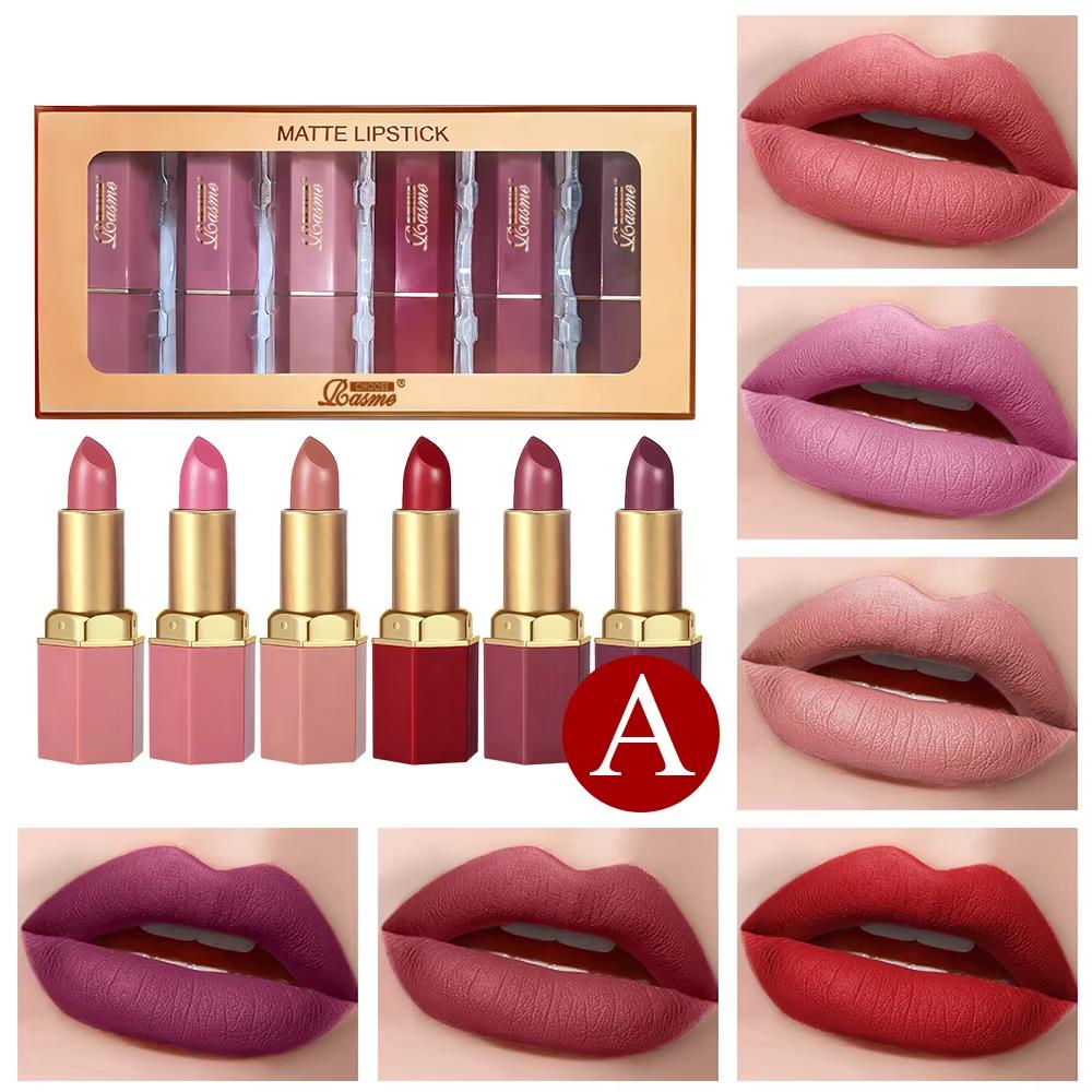 6 Kleuren Goudstaaf Tube Lippenstift Matte Textuur Parelmoer Glitters Fluweel Lippenstift Valentijnsdag Cadeau 6 STUKS Full Size
