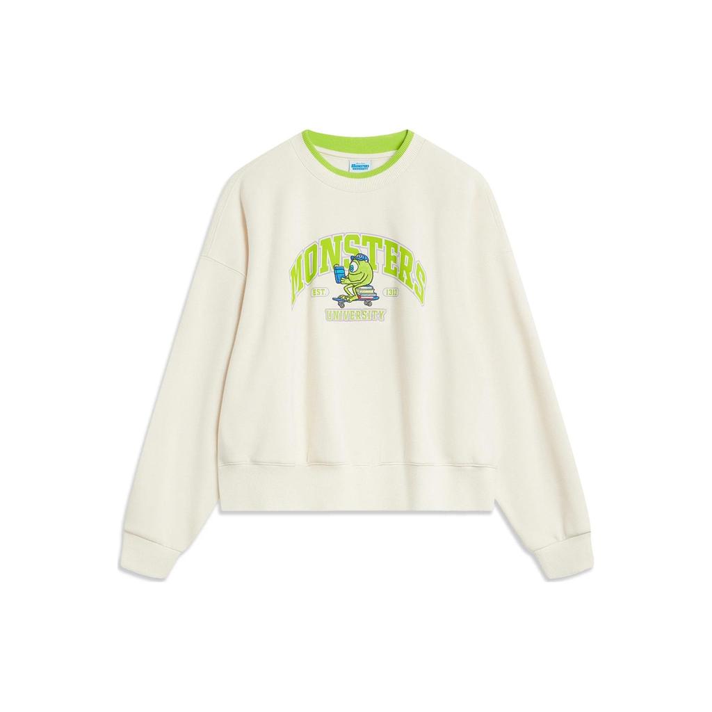 Li Ning X Disney Monsters University Collaboration Letter Cartoon Print Fleece Warm Loose Pullover Sweatshirt Women Sweatshirt Off-White AWDT808-1