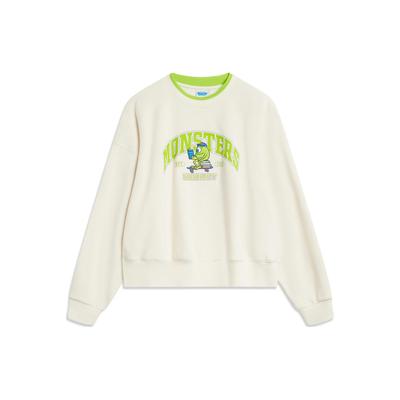 Li Ning X Disney Monsters & Co. Collaborazione Lettera Stampa Cartoni Animati Pile Caldo Ampio Pullover Felpa Donna felpa Bianco Sporco AWDT808-1