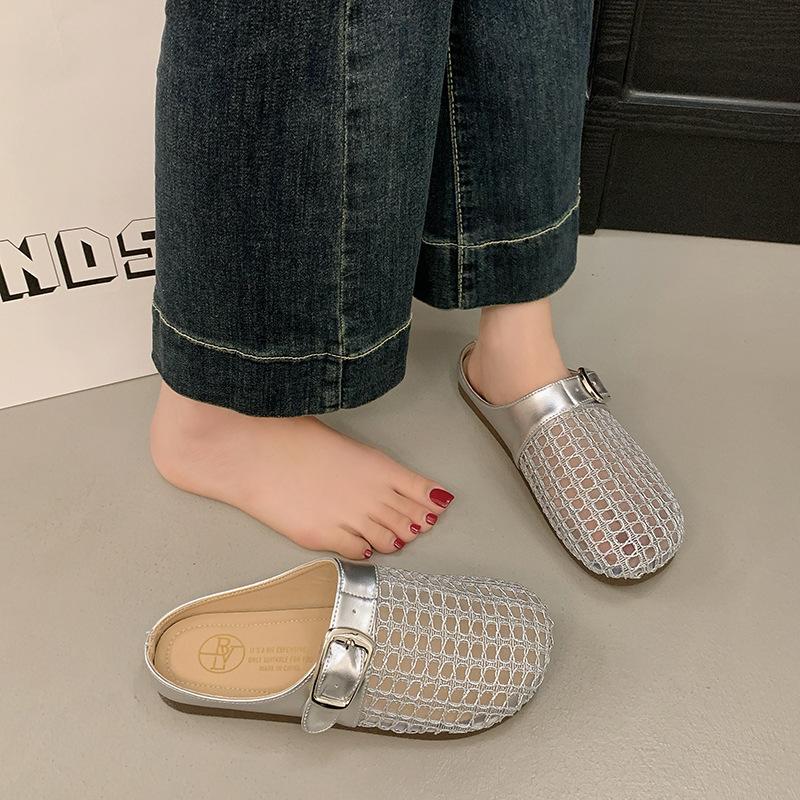 Baotou Half-slipper Women's Summer Shoes Flat-bottomed Fashionable Mesh Perforated One-foot Flip-flops