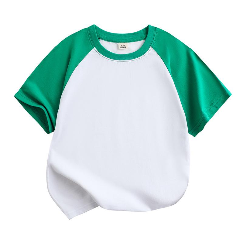 Summer Cotton Raglan Color Block Kids' Round Neck T-Shirt - Solid Color, Sweat-Absorbing, Short Sleeve Uniform
