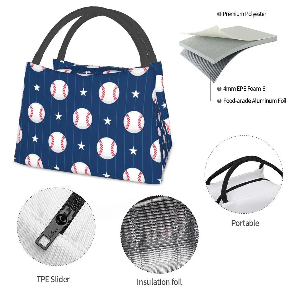 Lunchtassen met Baseballthema Design Accessoires Draagbare Geïsoleerde Canvas Koeltas Bal Sterspeler Thermische Picknick Draagtas Vrouwen