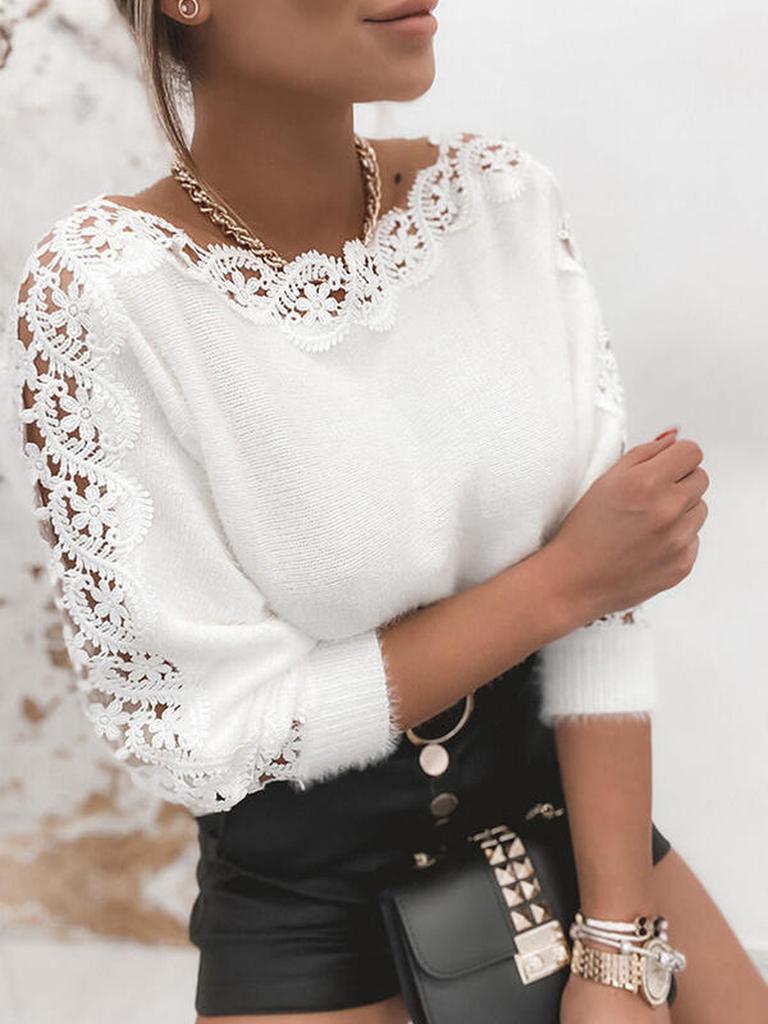 Ribbed Knit Sweater with One-Shoulder Lace Patch Detail Women's Top