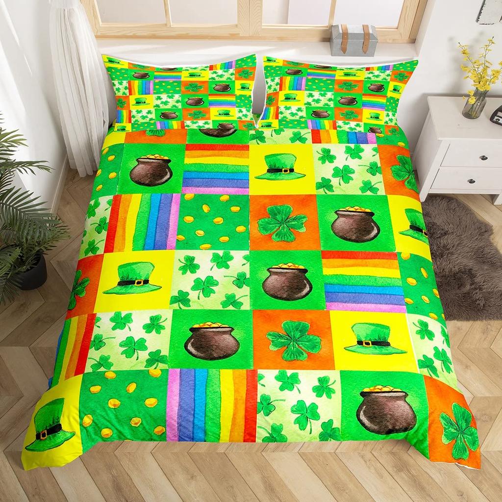 St. Patrick's Day Duvet Cover Cute Cats Rainbow Bedding Set Retro Lucky Clover Polyester Quilt Cover Cute Animal Comforter Cover
