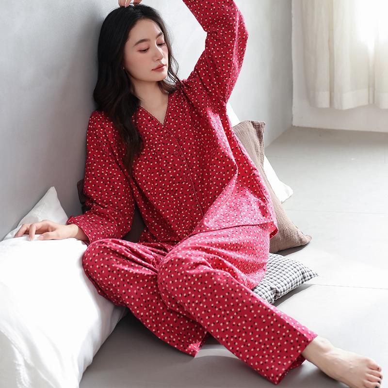 Pajamas women's spring and autumn woven pure cotton long-sleeved thin middle-aged mother autumn cotton loungewear can be worn outside set