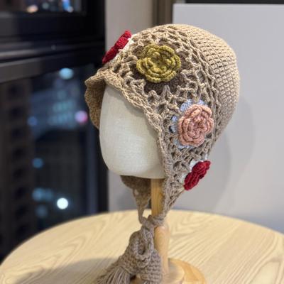 Korean Style Hand-knitted Flower Knitted Pullover Hat for Women In Autumn and Winter Warm Ethnic Style Travel Style Tassel Ear Protection Hat