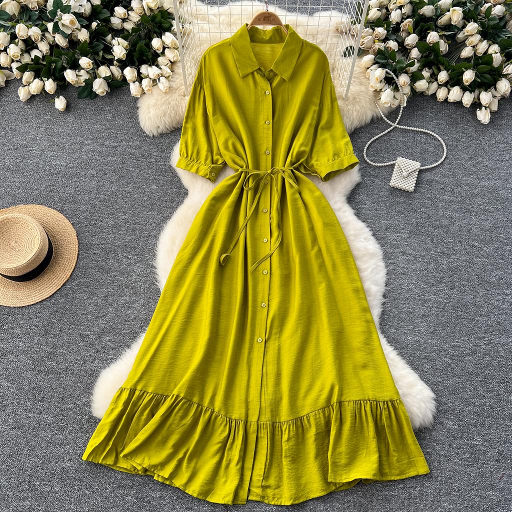 Sexy Chic Polo-Neck Single Breasted Ruffle Dress Elegant Korean Fashion Slim Summer Vintage Sweet Dresses