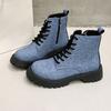 Tela Tacón Grueso Botines Individuales Otoño Nuevo Punta Redonda Cordones Delanteros Cremallera Lateral Plataforma Antideslizante Resistente al Desgaste Zapatos Cortos